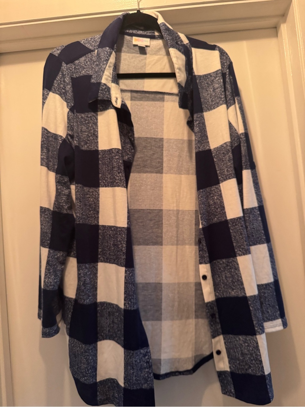 LuLaRoe Valentina Navy and White Buffalo Check Button-Up Shirt